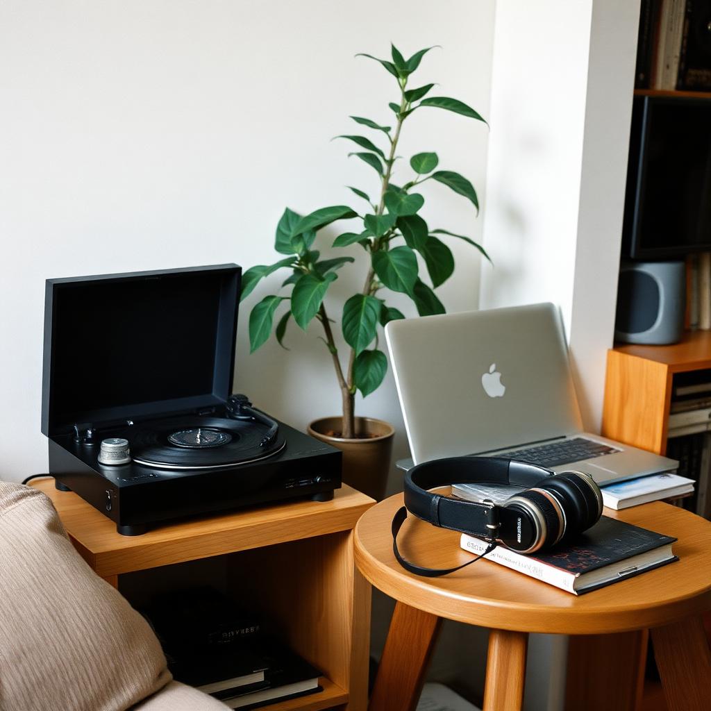 A living room side table with a turntable and records, a laptop, headphones and books