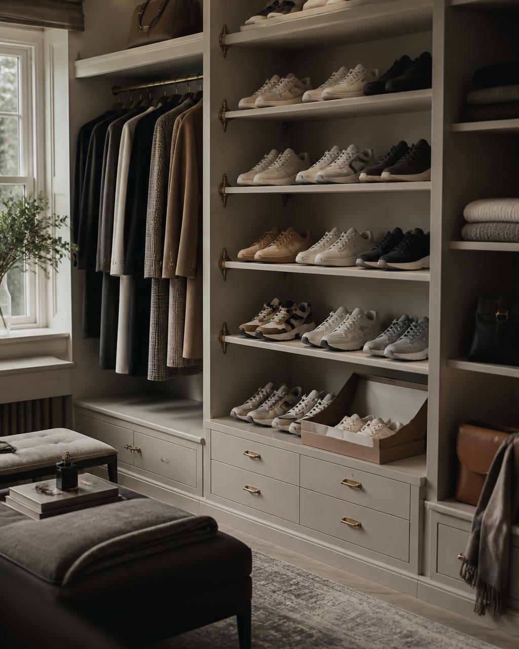 A wardrobe interior with tailored coats, shelves of varied designer trainers and a boxed pair, handbags and folded knitwear
