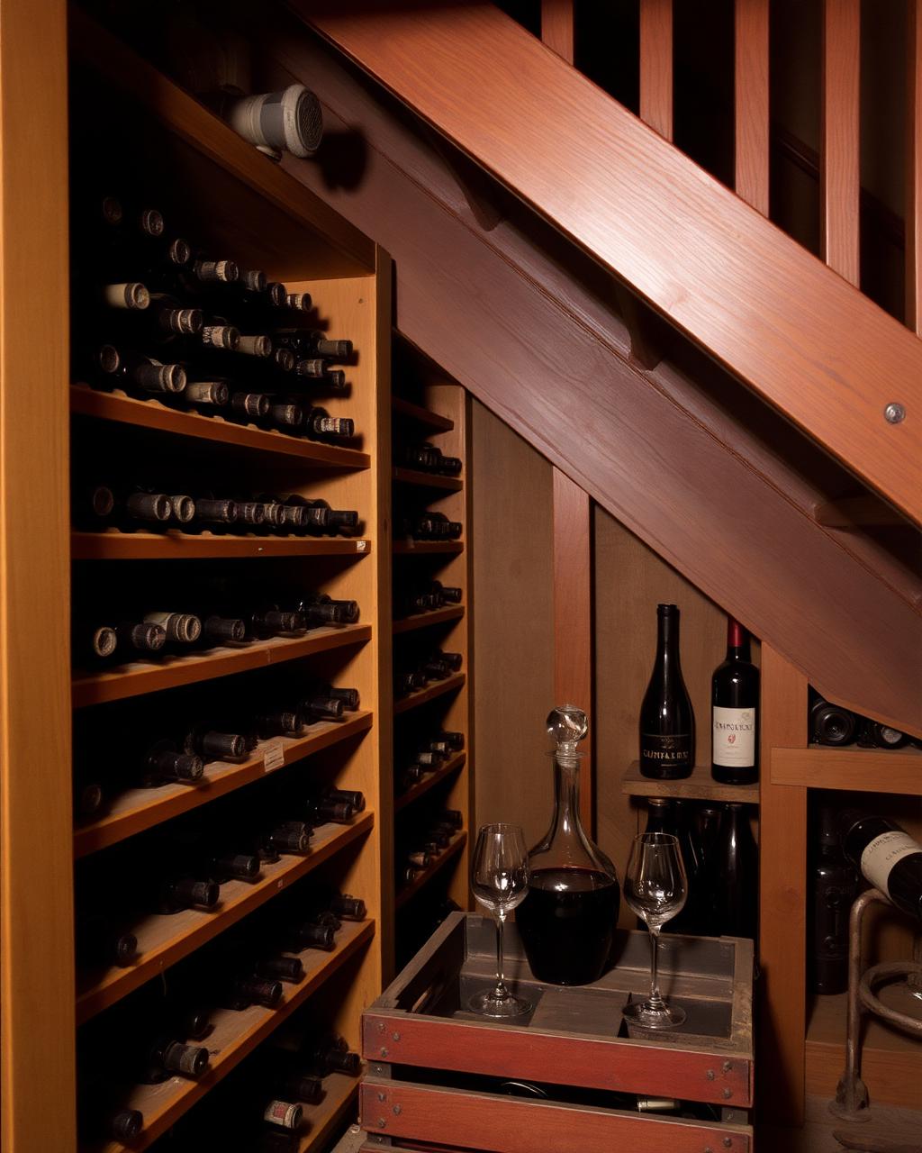 Bottles racked in a wine store beneath a staircase in a private home, with a decanter and two glasses