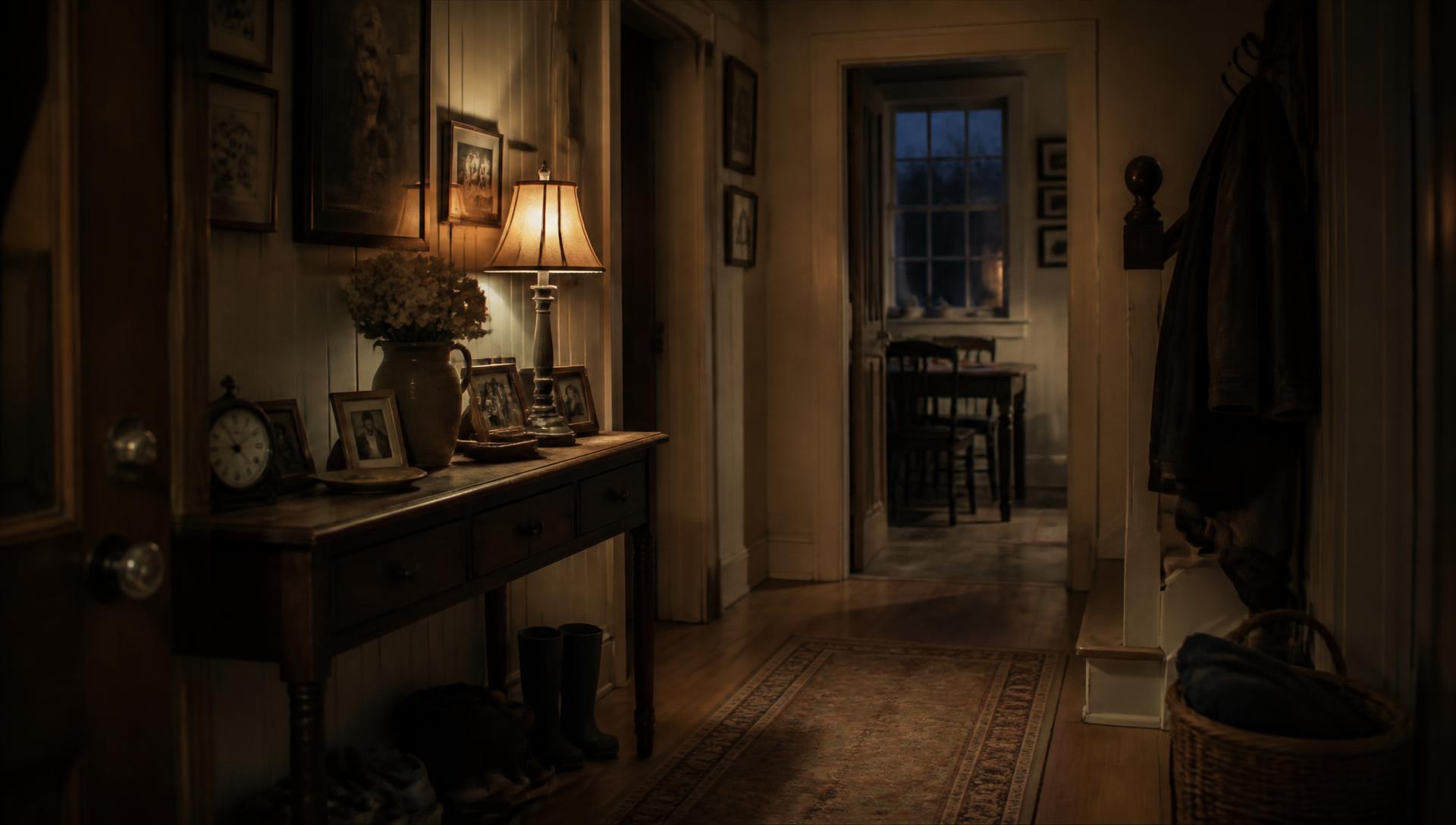 A dimly lit hallway in an established family home at dusk, with a console table of framed photographs, an old clock, coats and boots by the door